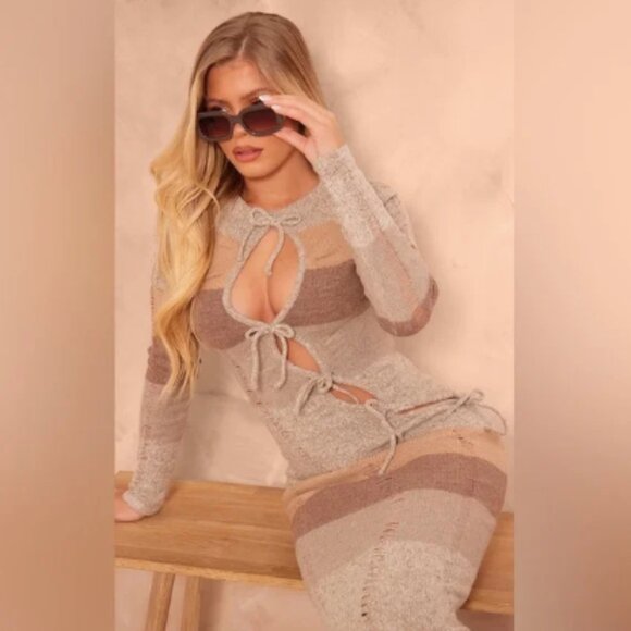 NWT PrettyLittleThing Mocha Tie Front Distressed Knit Maxi Dress Size XS - Picture 1 of 16